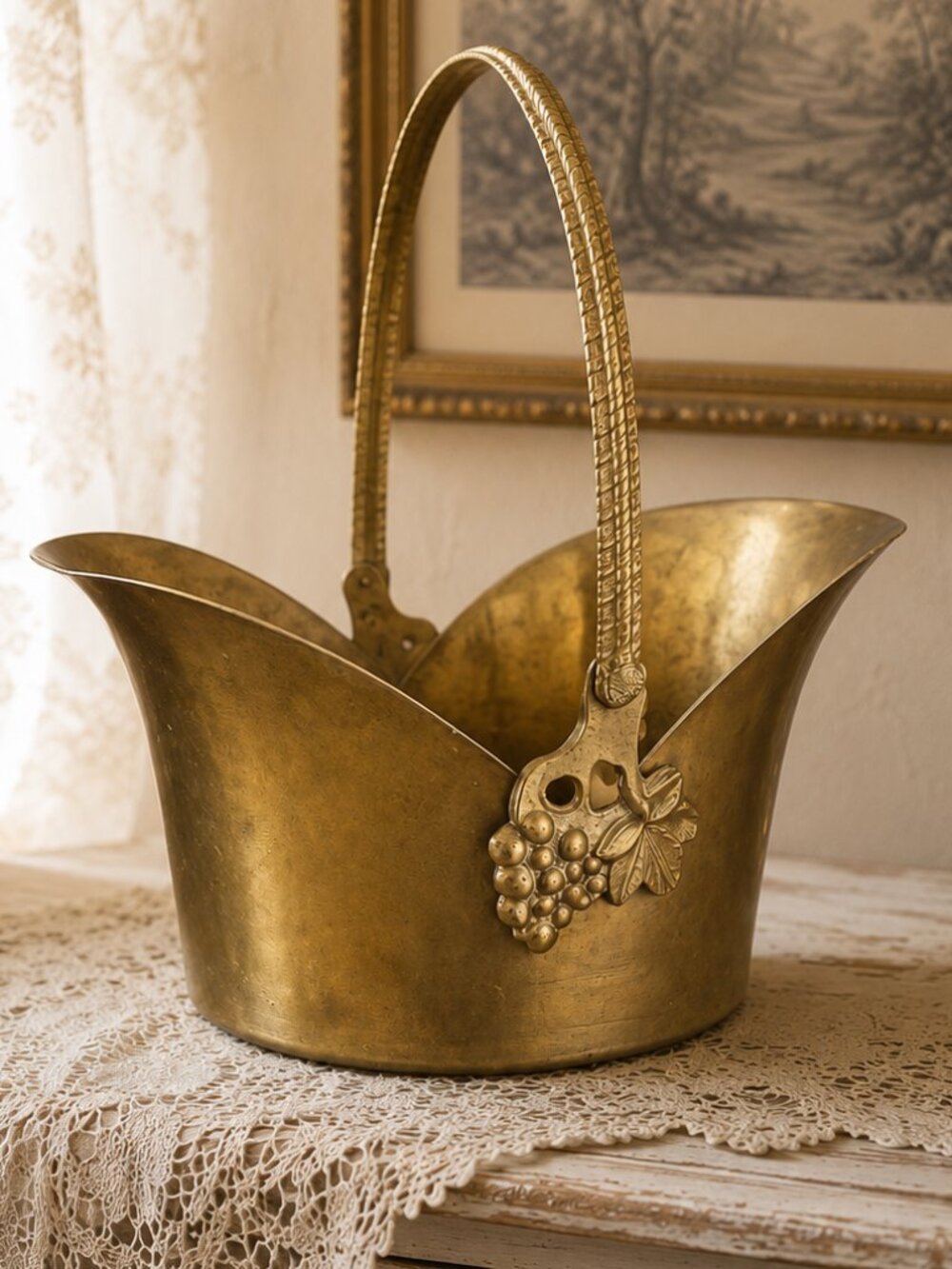 Vintage Solid Brass Basket Planter With Braided Handle and Grape Details
